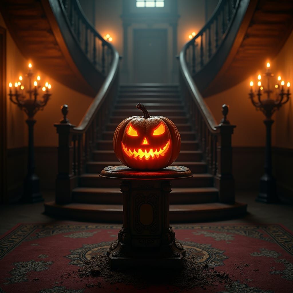Glowing Jack-o'-Lantern in Haunted Mansion Foyer