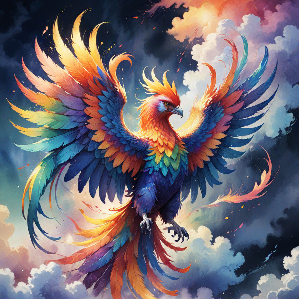 Vibrant Phoenix Spreads Iridescent Wings in a Mystical Cloud...