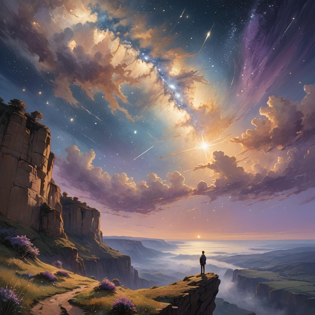 Ethereal Landscape: Figure Gazing at Starry Sky