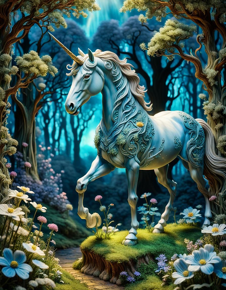 Unicorn in Fantasy Diorama with Ethereal Glow