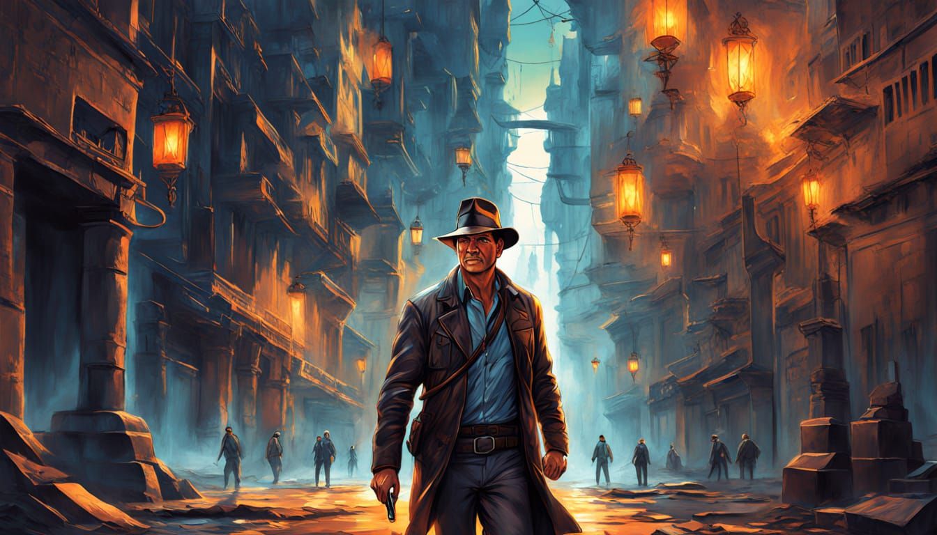 Indiana Jones Enters Futuristic City in Sci-Fi Art