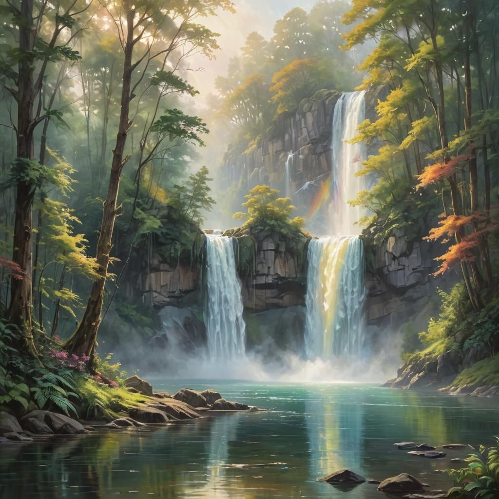Dreamlike Waterfall Landscape with Rainbow Hues