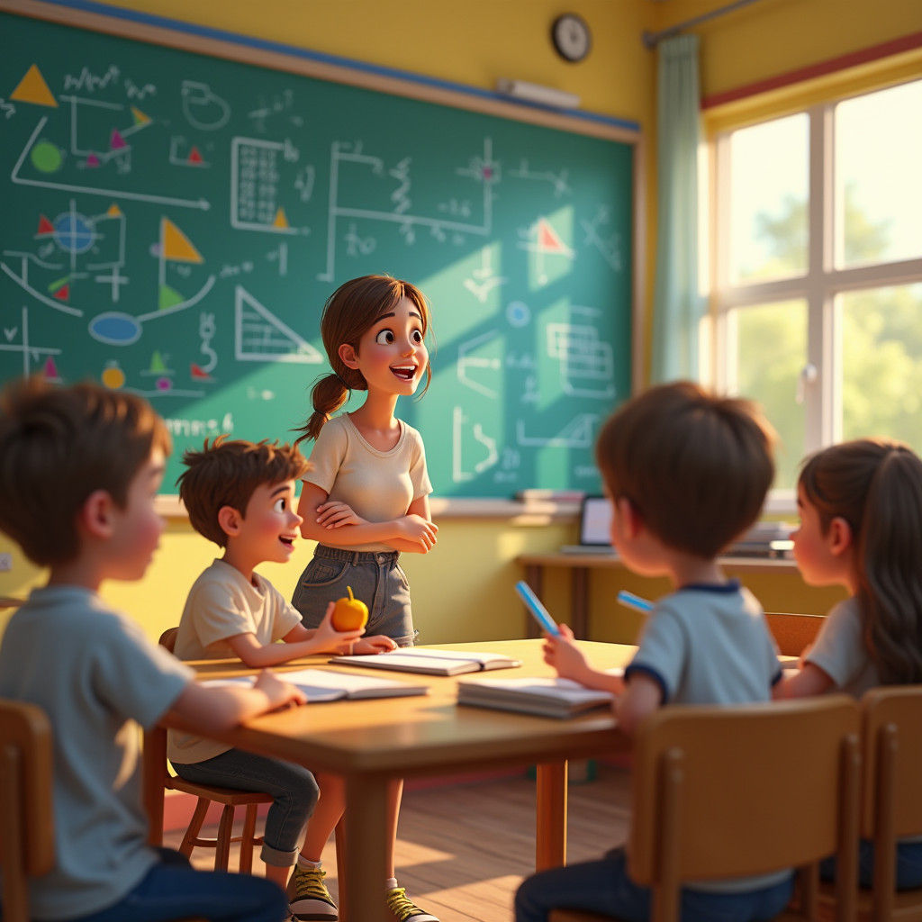 Students Interact with Teacher in Pixar-Style Classroom
