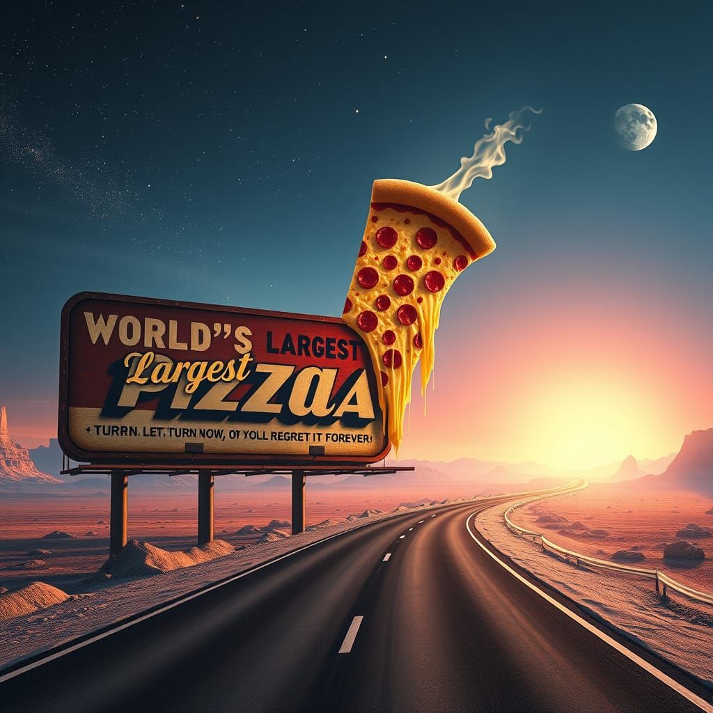 Gargantuan Pizza Billboard on a Cosmic Highway