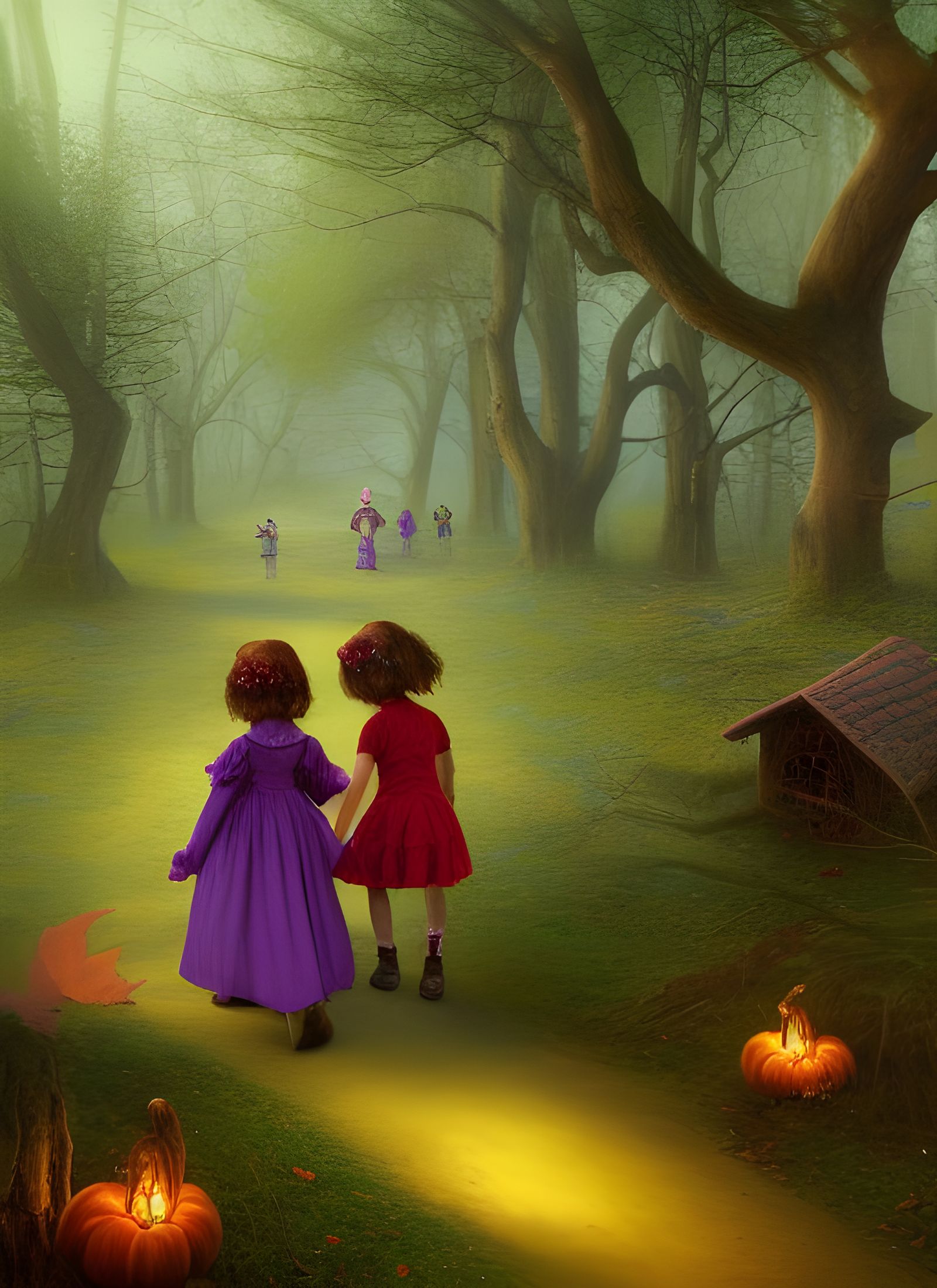 Hansel and Gretel in Spooky Forest, Art Nouveau