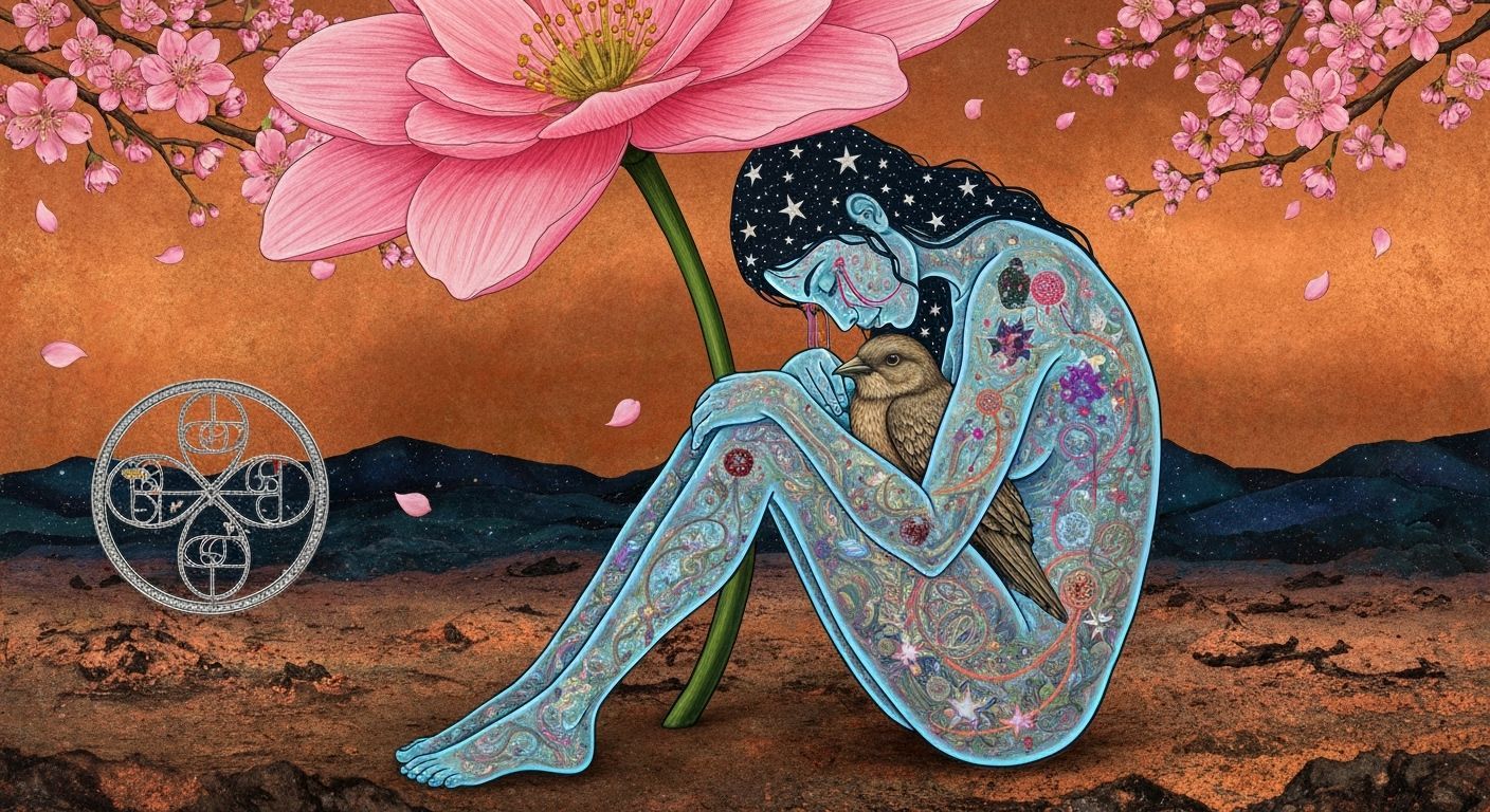 Surreal Woman Merging with Cosmic Energy Under Giant Flower