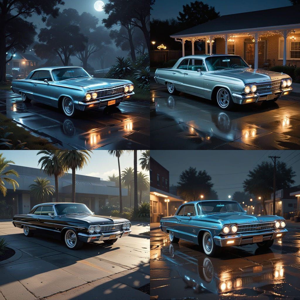 Intricately detailed 1964 Chevy Impala Lowrider parked underneath the moonlight