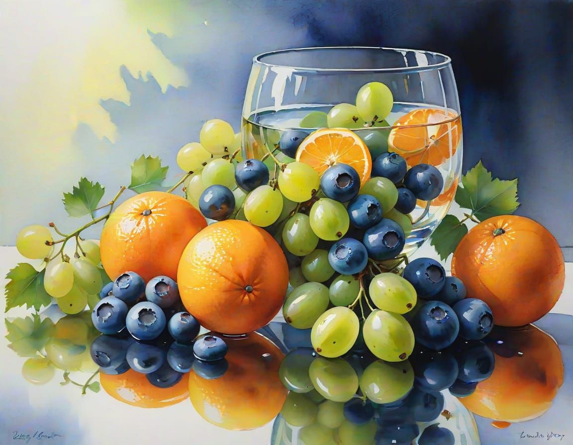 Watercolor Still Life with Fruits and Glass