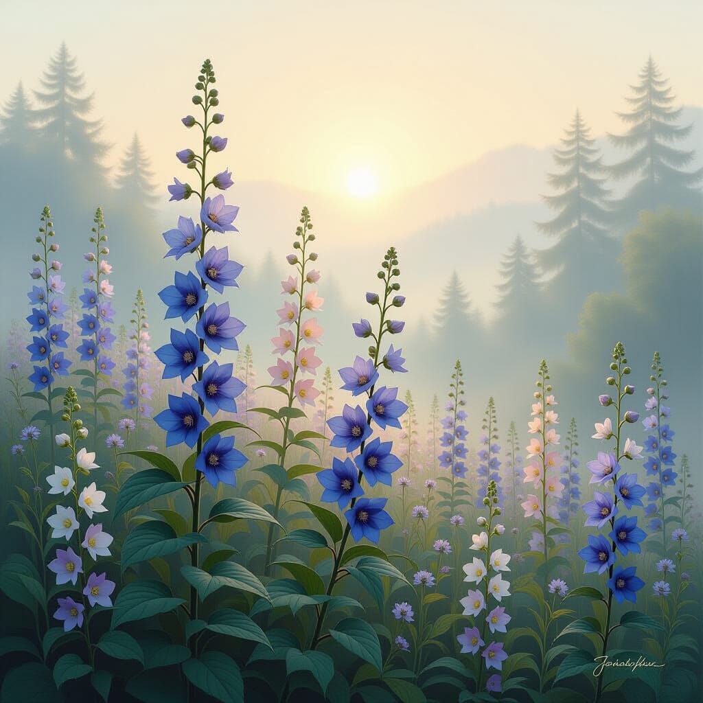 Ethereal Delphinium and Monkshood Flowers in Dreamlike Lands...