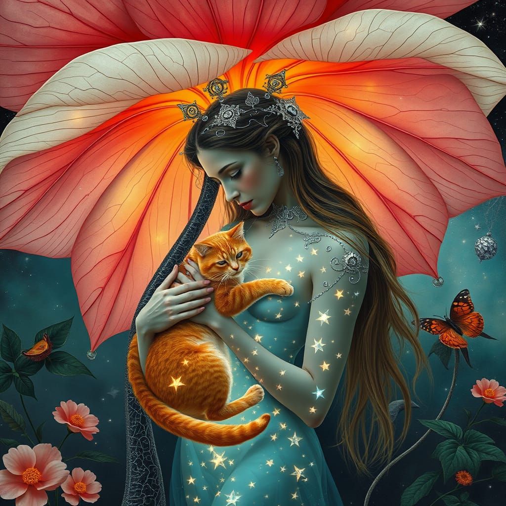 Translucent Woman with Ginger Cat Under Surreal Flower