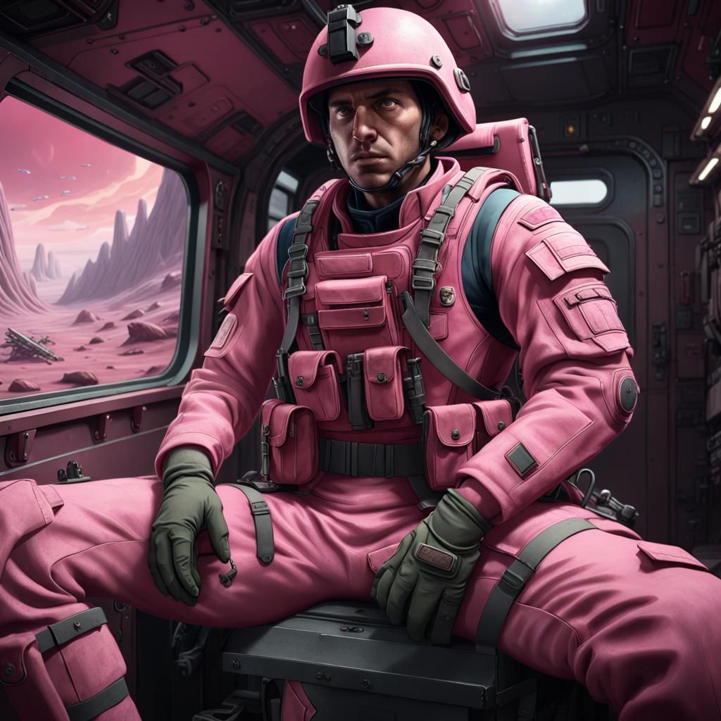 Soldier in Pink Uniform on Transport, Matte Painting