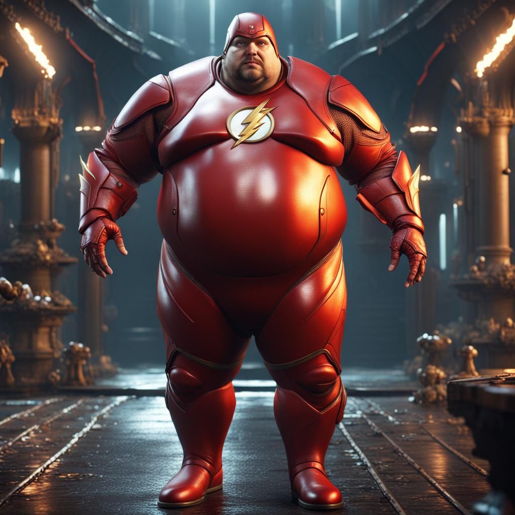 Overweight Man in Flash Costume, Detailed Digital Art