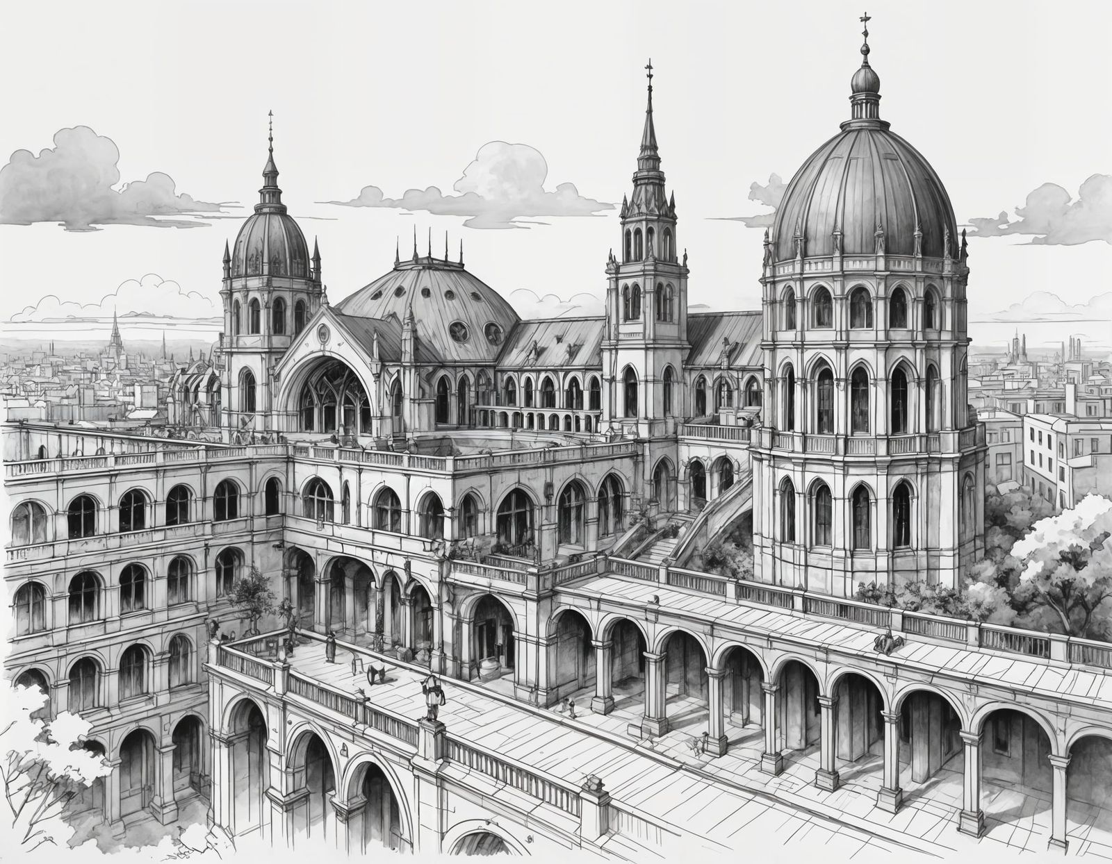 Futuristic Cityscape Sketch: Detailed Architectural Design