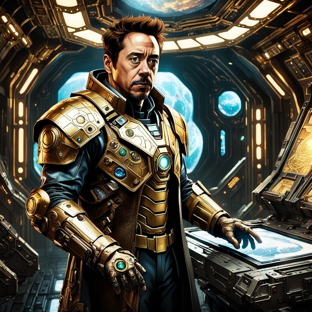 Rogue Trader Inspects Holographic Map in Grimdark Setting