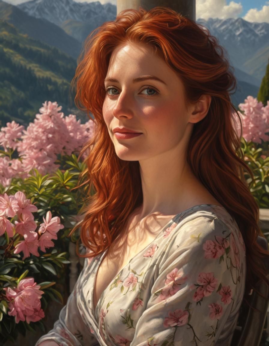 Auburn Beauty in Garden: Chiaroscuro Oil Painting