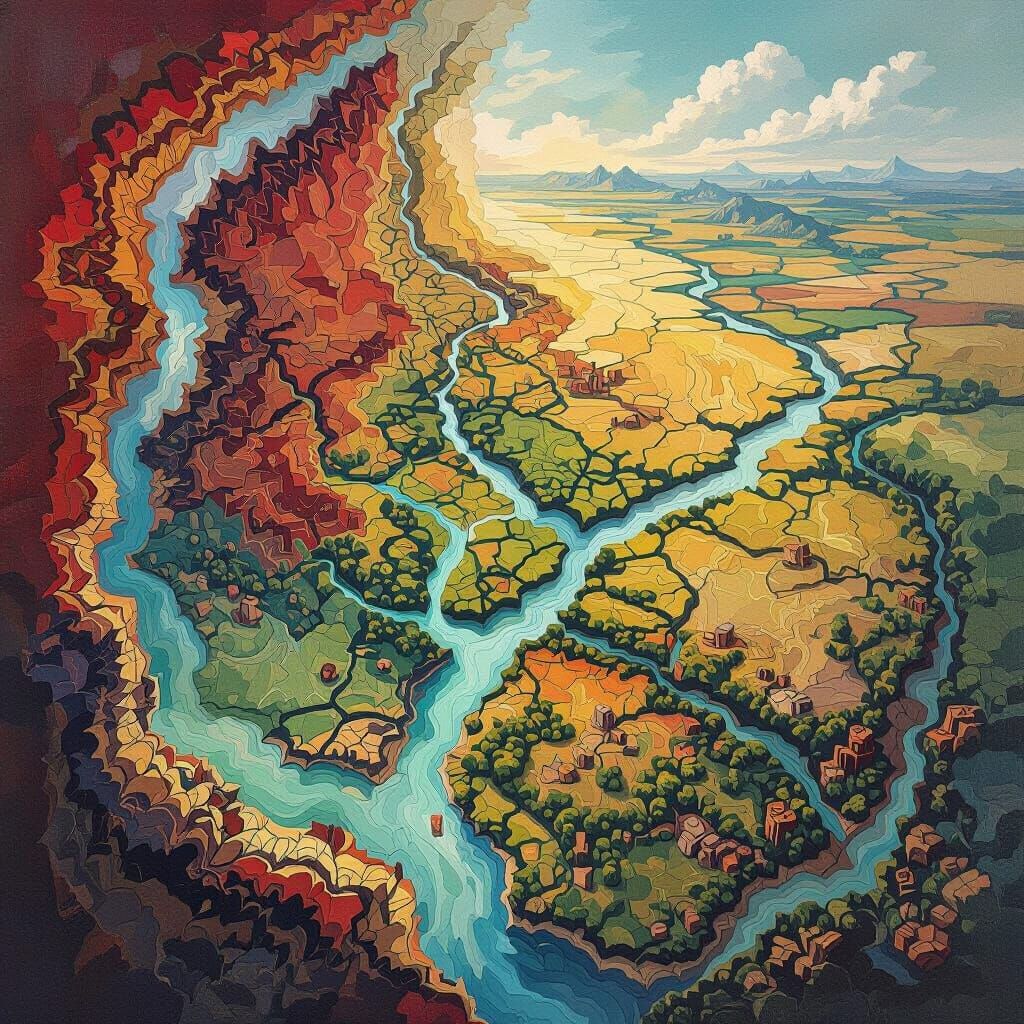 Detailed Map of Disputed Lands in Gouache Style