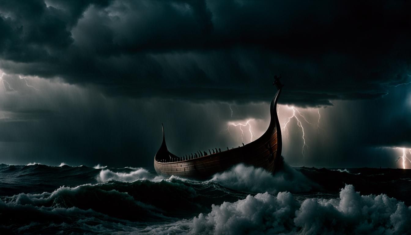 Viking Drakkar Amidst a Violent Sea Storm