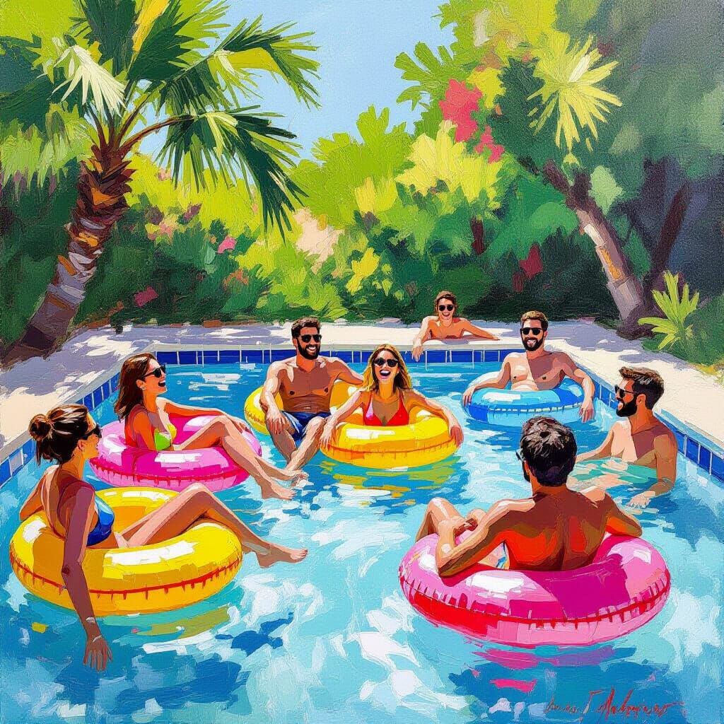 Vibrant Summer Pool Party in Gouache Style