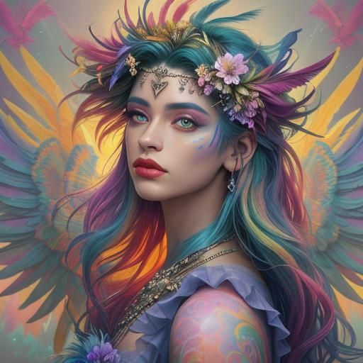 Rainbow Dragon Woman with Wings: Digital Matte Painting