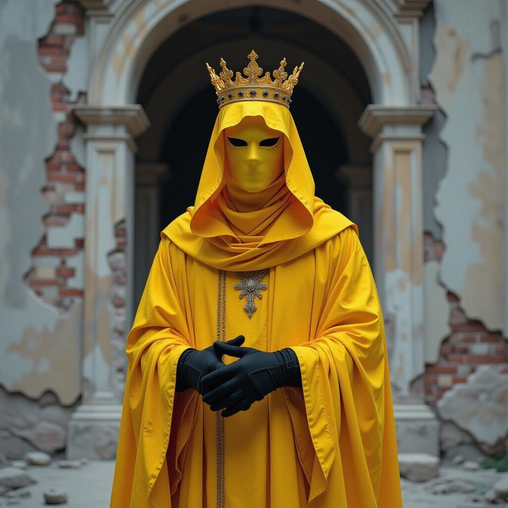 Tattered Royal Figure in Decrepit Palace, Biomechanical Surr...