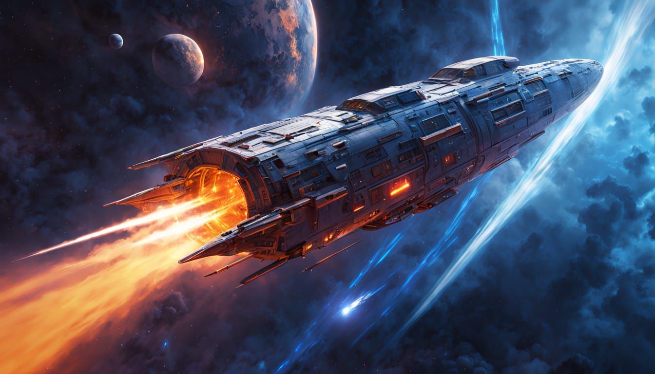 Epic Spaceship Race Through Nebula in Hyperrealistic Style