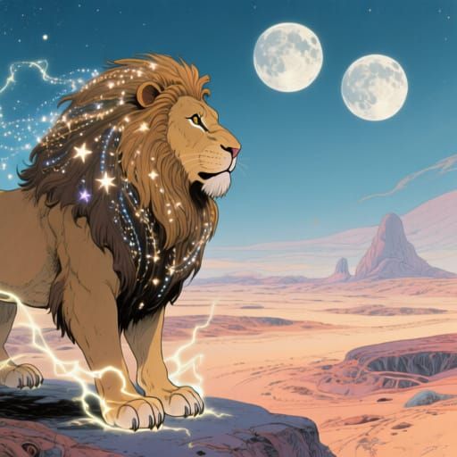 Starlight Lion in Alien Desert Under Twin Moons