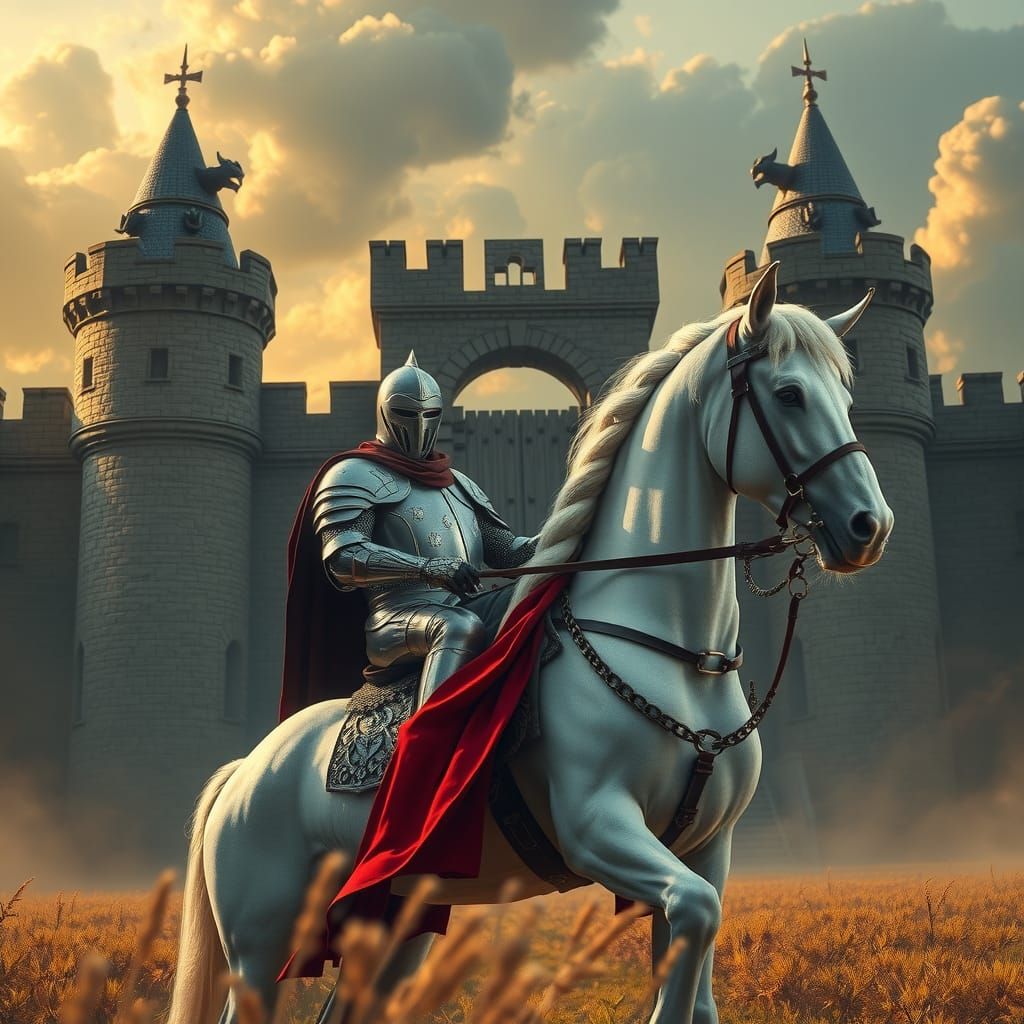 Gallant Knight on White Stallion at Castle Gate