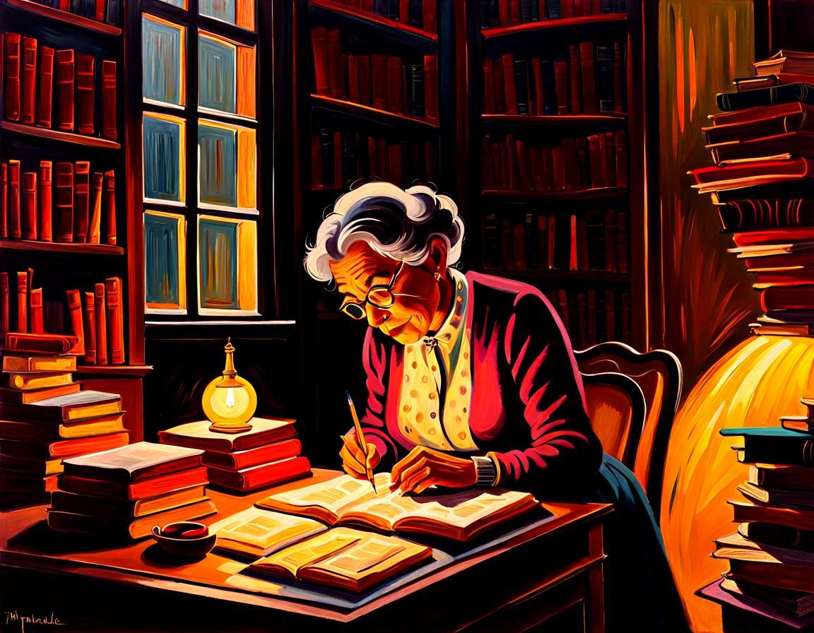 Cozy Library Scene of Woman Writing, Fauvist Oil Painting