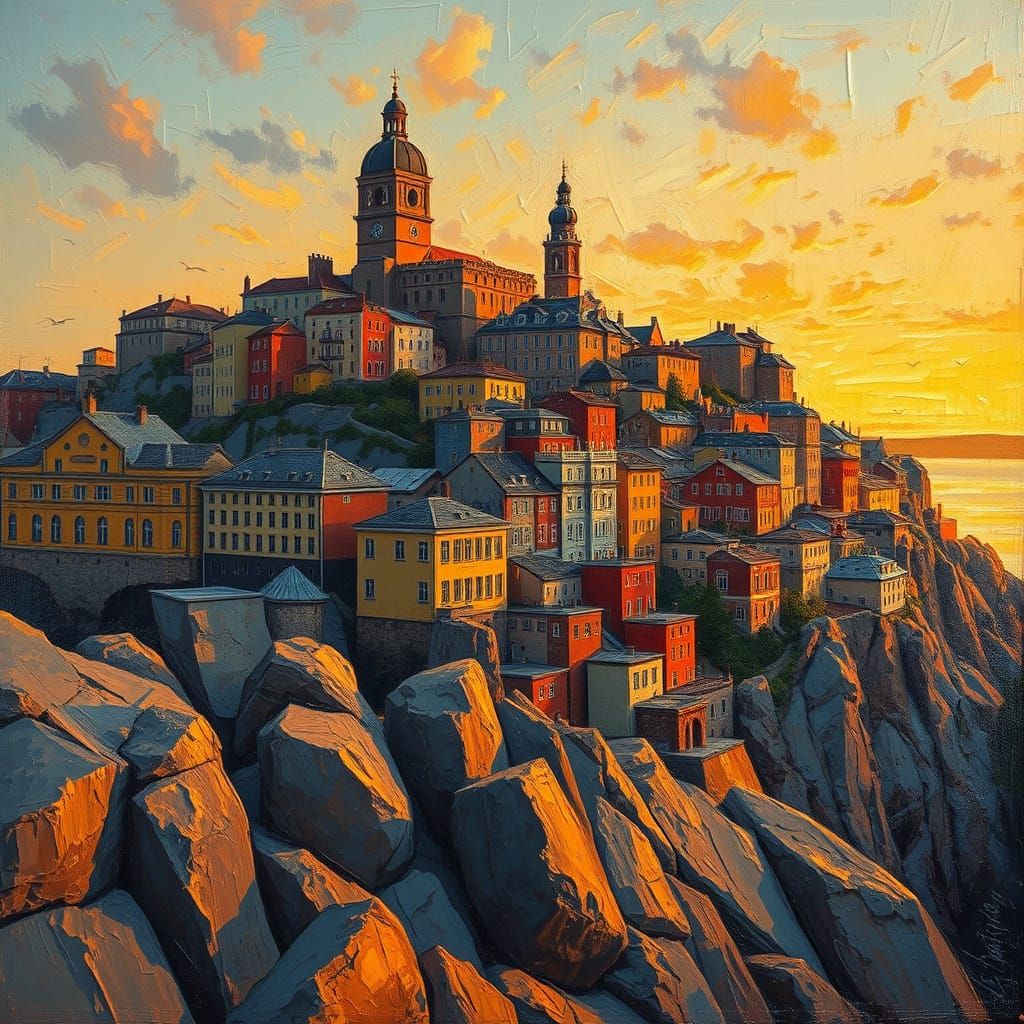 Neo-Expressionist Cityscape Bathed in Warm Sunset Light