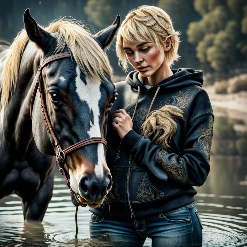Girl Hugging Appaloosa Horse in Water