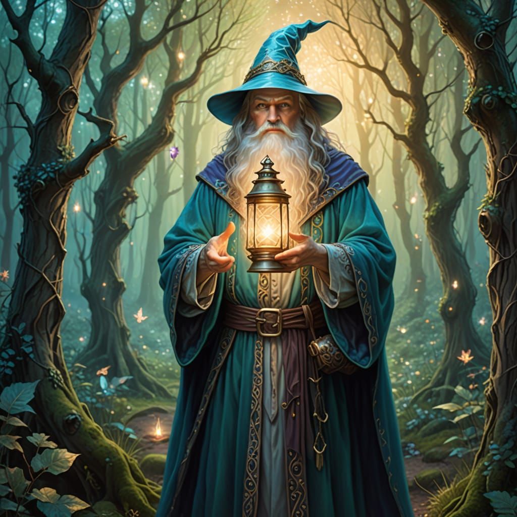 Enchanted Forest Wizard with Lantern