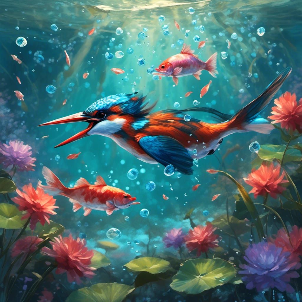 Kingfisher Diving for Fish in Anime Style
