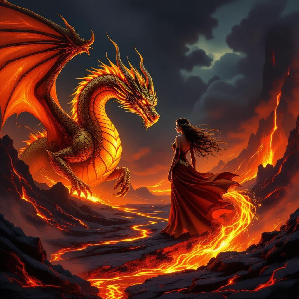 Dragon and Woman of Molten Gold in Volcanic Landscape