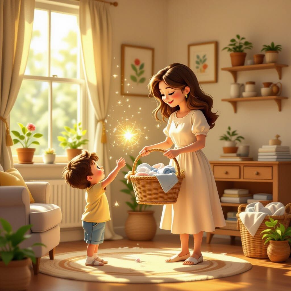Magical Child Does Chores in Sunlit Room