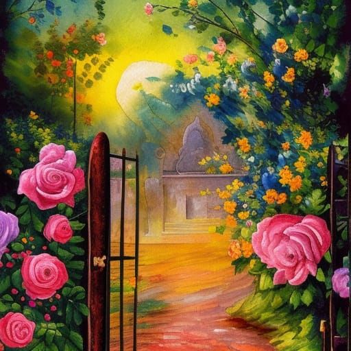 Rose-Adorned Garden Gate in Gouache-Watercolor Style
