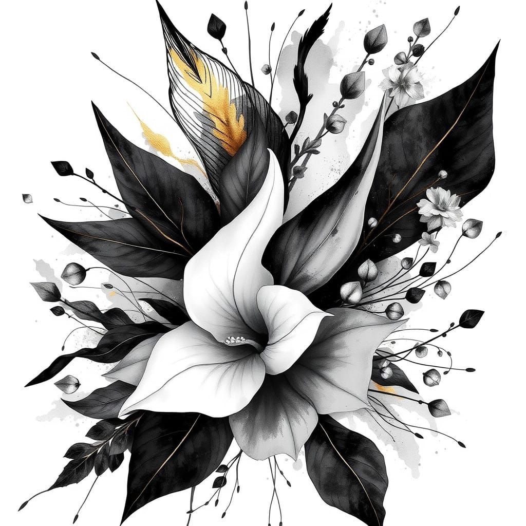 Abstract Botanical Masterpiece in Monochrome Watercolour