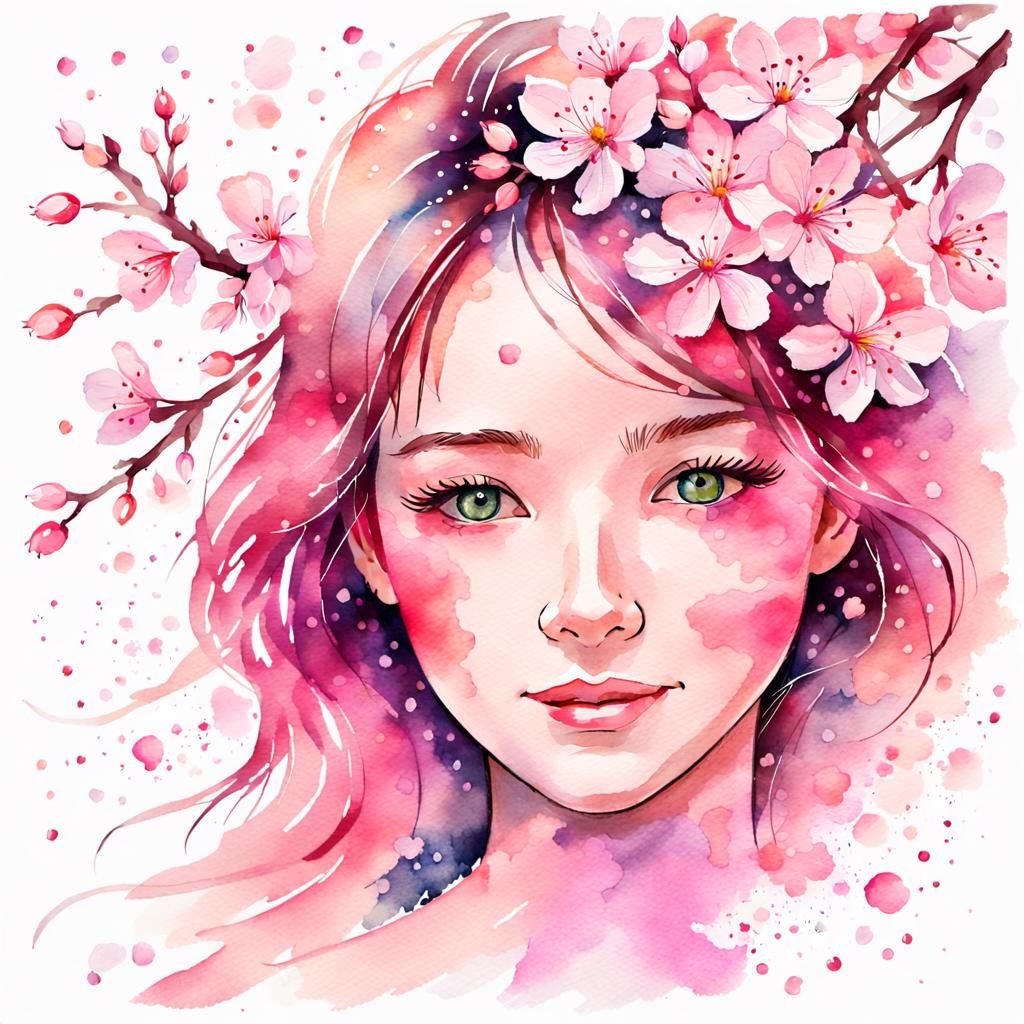 Cherry Blossom Face in Watercolor Impressionism