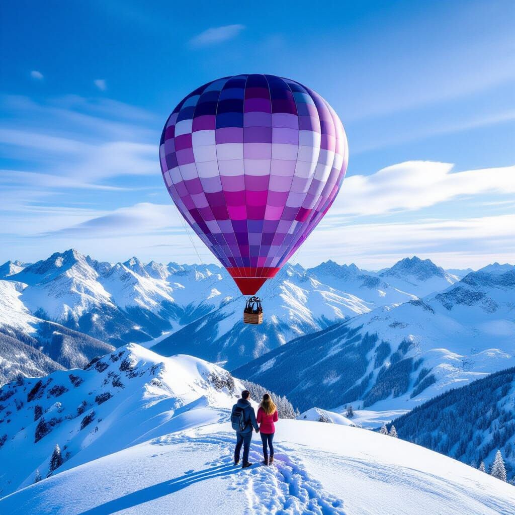 Colorful Hot Air Balloon Over Snow-Capped Mountains