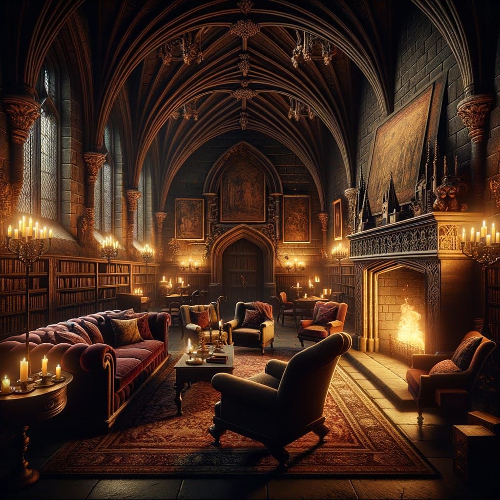 Cozy Dark Academia Common Room with Gothic Arches and Firepl...