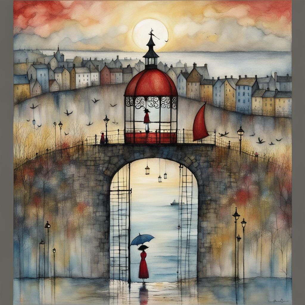 Misty Seaside Sunrise in Whimsical Illustration Style