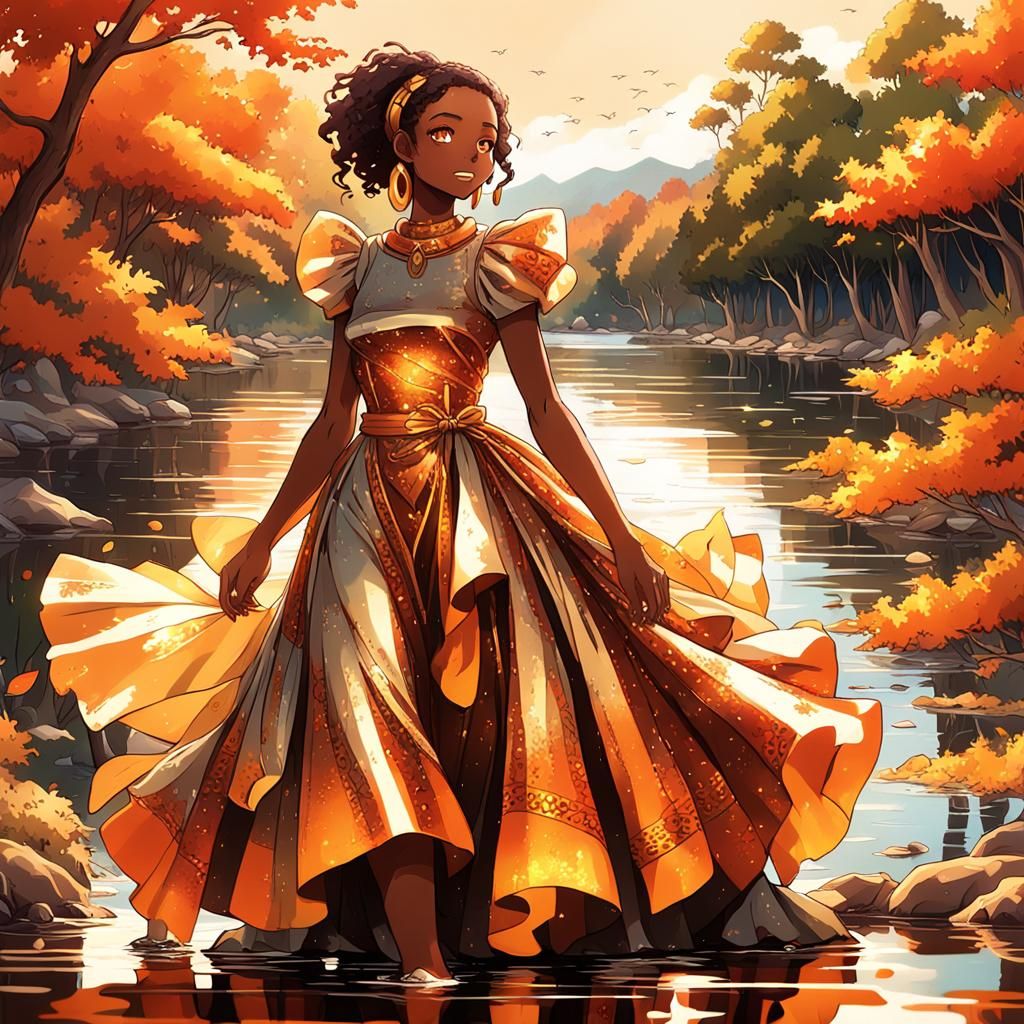 Anime Woman in Autumn Leaf Dress by Lake