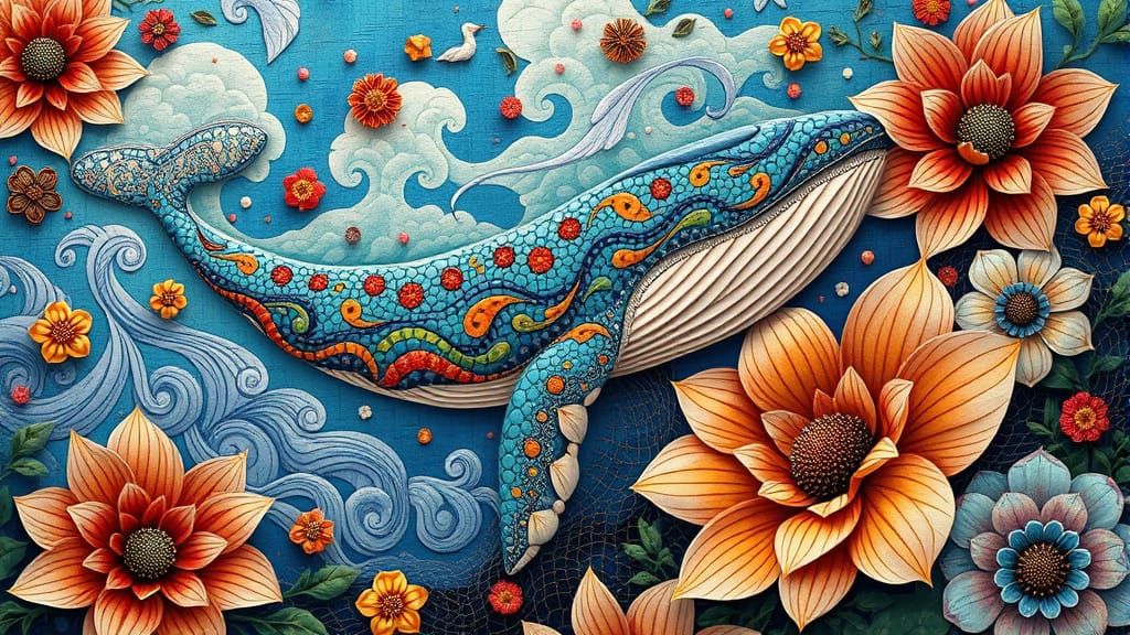 Vibrant Sky Whale in Art Deco Mosaic Style
