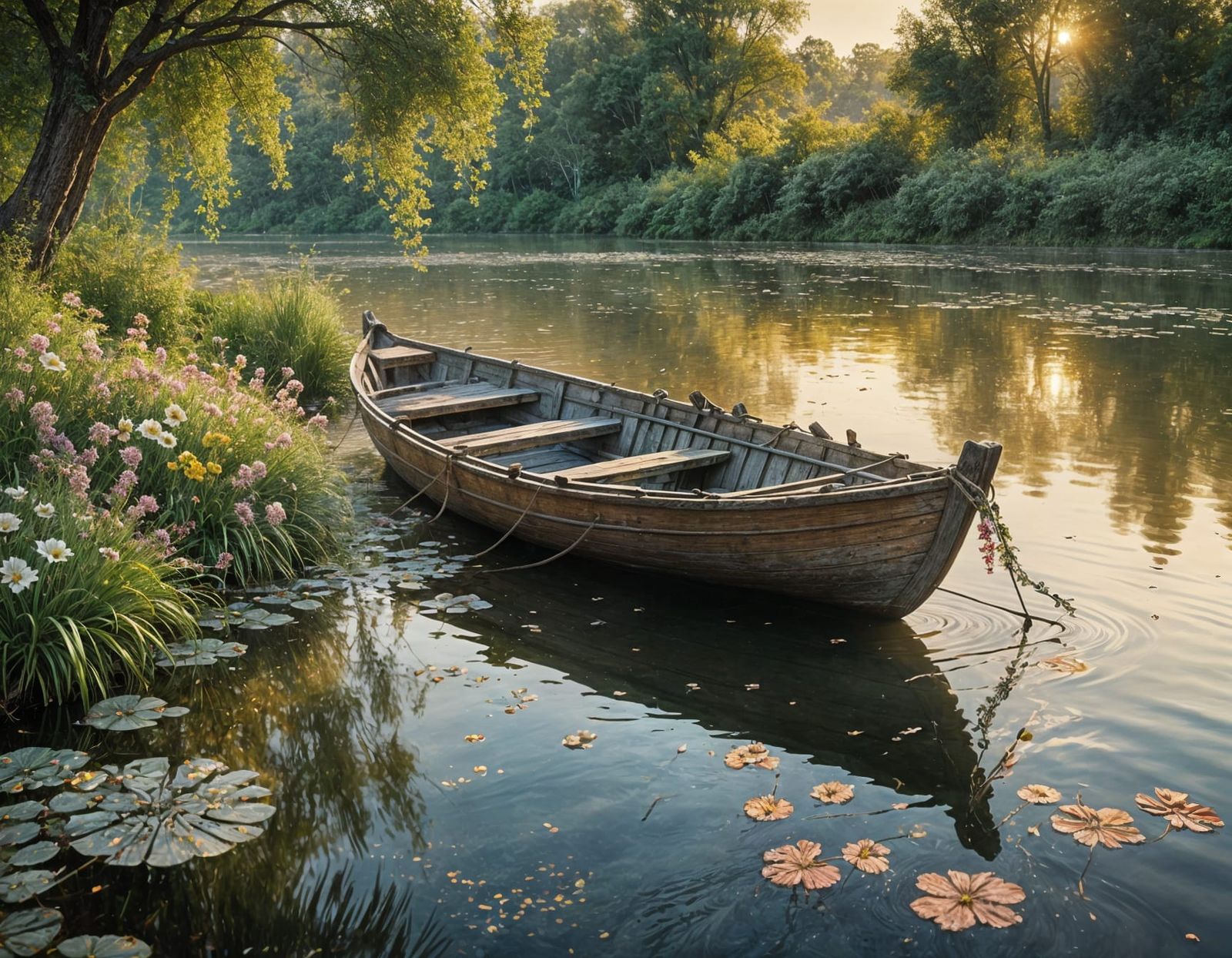 River Twilight with Floral Garlands in Impressionist Style