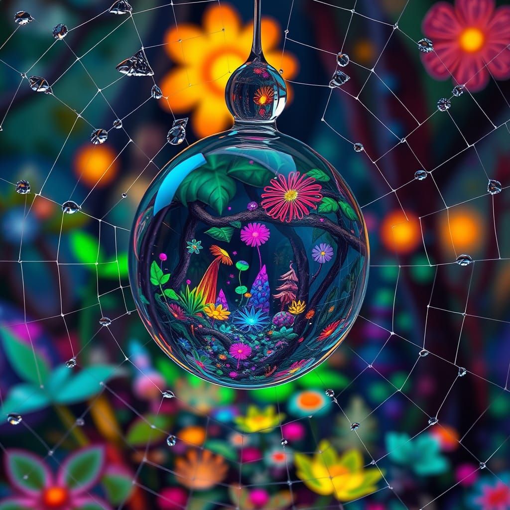 Dewdrop Reflecting Psychedelic Forest in Hyperrealistic Styl...