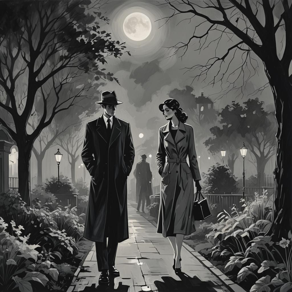 Noir Garden: Expressionist Couple in Moonlight