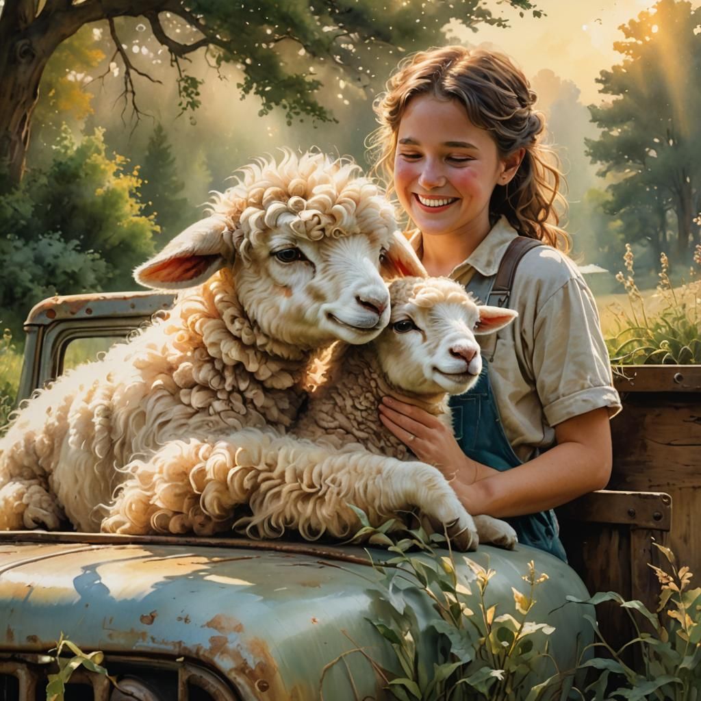 Girl Hugging Lamb: 3D Watercolor Dreamscape