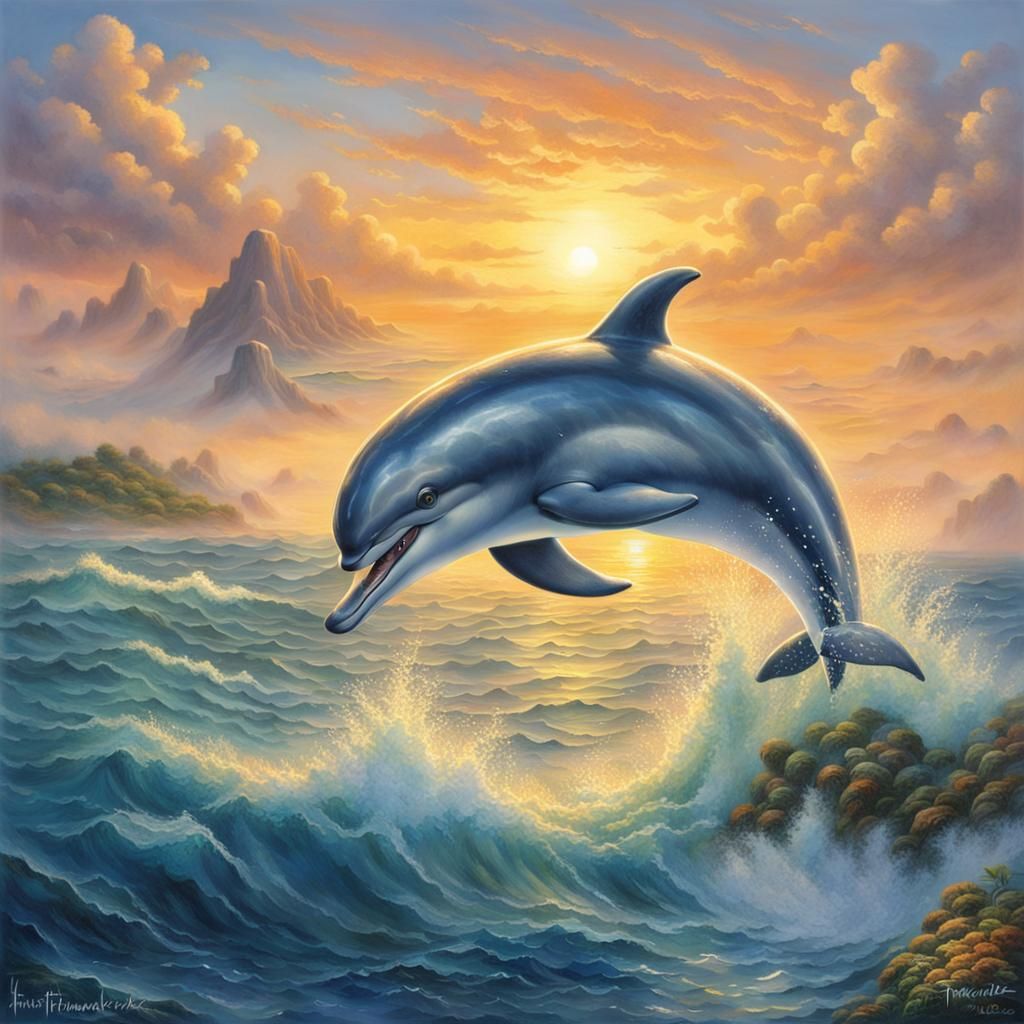 Dolphin Leaps at Sunrise: Ethereal Fantasy Art