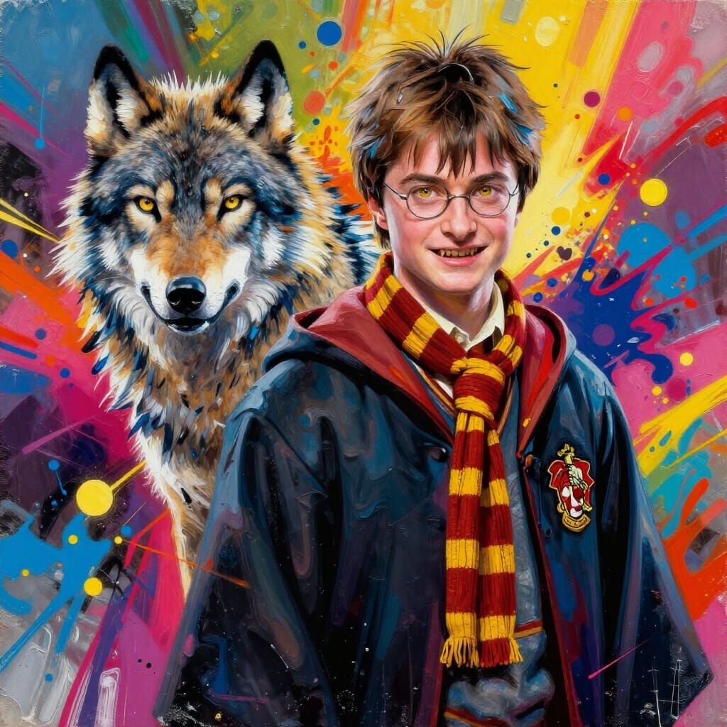 Gryffindor Wizard with Gold Eyes and Wolf, Graffiti Style