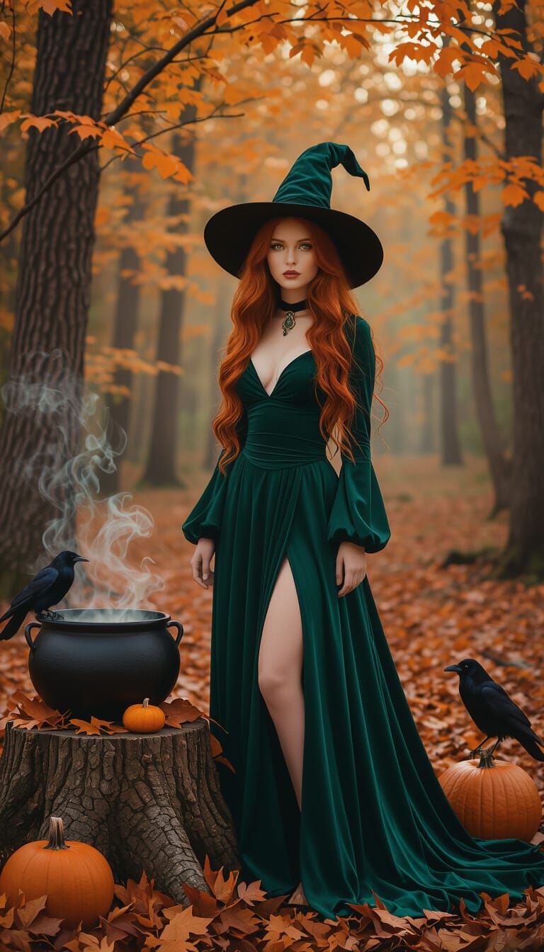 Enchanting Witch in Autumn Forest: Cinematic Fantasy Photogr...