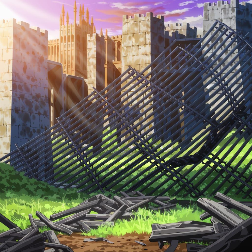 A Grand Anime-Inspired Gate Lies Shattered, a Symbol of Fall...